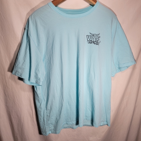 WTF What the fin 3XL Skull, sharks, and Surfboards on light blue. In great shape - Picture 2 of 5